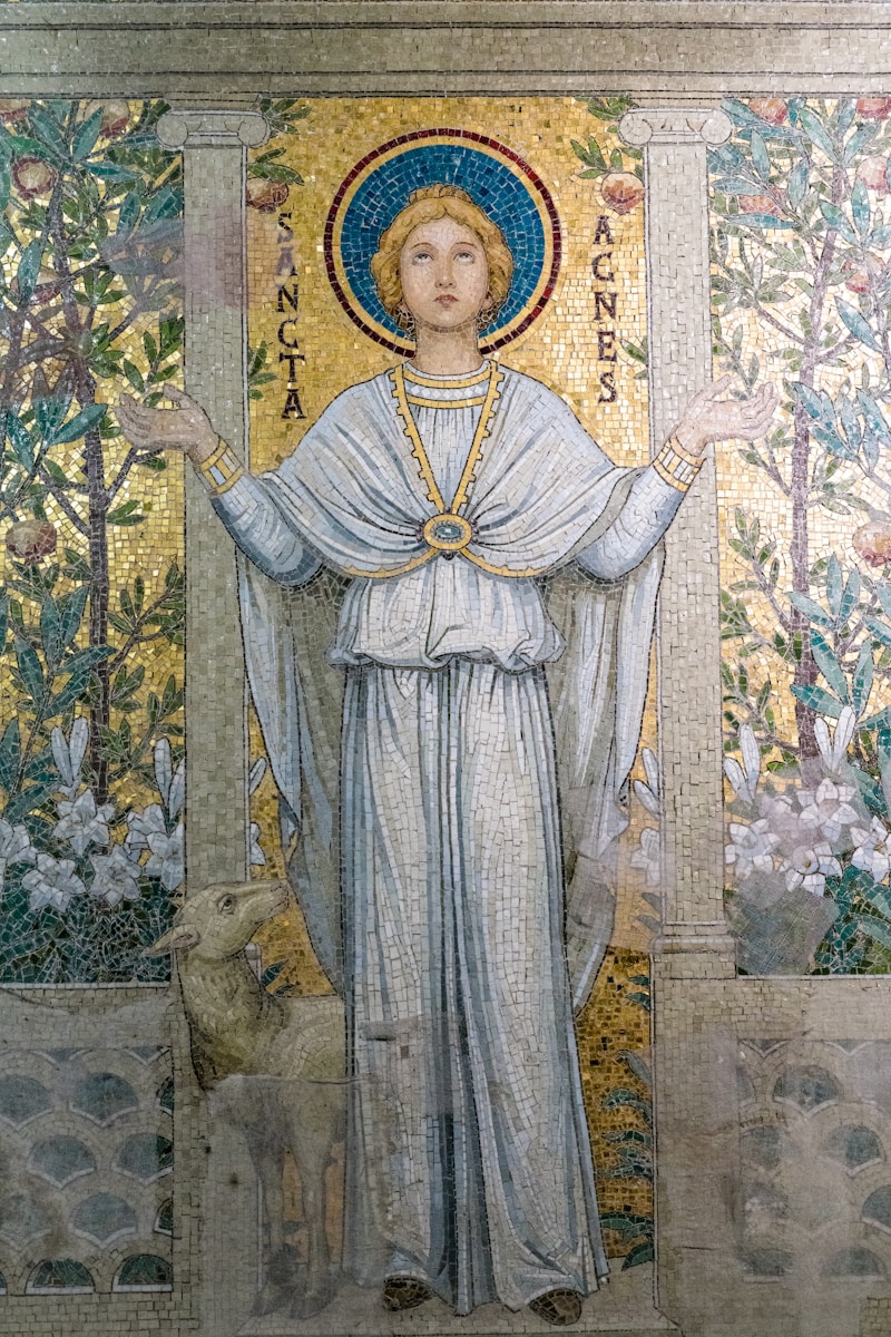 A painting of a woman standing in front of a wall